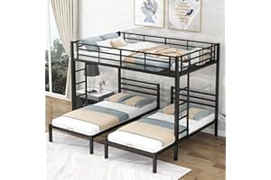 BOVZA Full Over Twin&Twin Size Metal Bunk Bed, Black Triple Bunk Bed Frame with Built-in Shelf and 2 Side Ladder for Kids Teens Adults