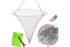 DAMIDEL 32in x 37in Folded Bridge and Pier Fishing Net, More Coarse Soft Steel Hoop, Colourful Dual-Line Construction，Heavy-Duty Fishing Cast polyethylene Fiber line Mesh Net, Drop Net/Rope/Storage Bag