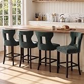 GOTMINSI 25" Seat Height Bar Stools, Chenille Upholstered Bar Stools with Hollow Back &amp; Nailhead Trim, Solid Wood Legs Bar Chairs for Kitchen Island, Counter, Pub, Home Bar (Green, 4pcs)