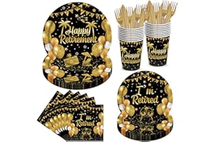Poqirzan 144PCS Happy Retirement Party Supplies Black Gold Retirement Plates and Napkins Tableware Set Retired Party Decorati