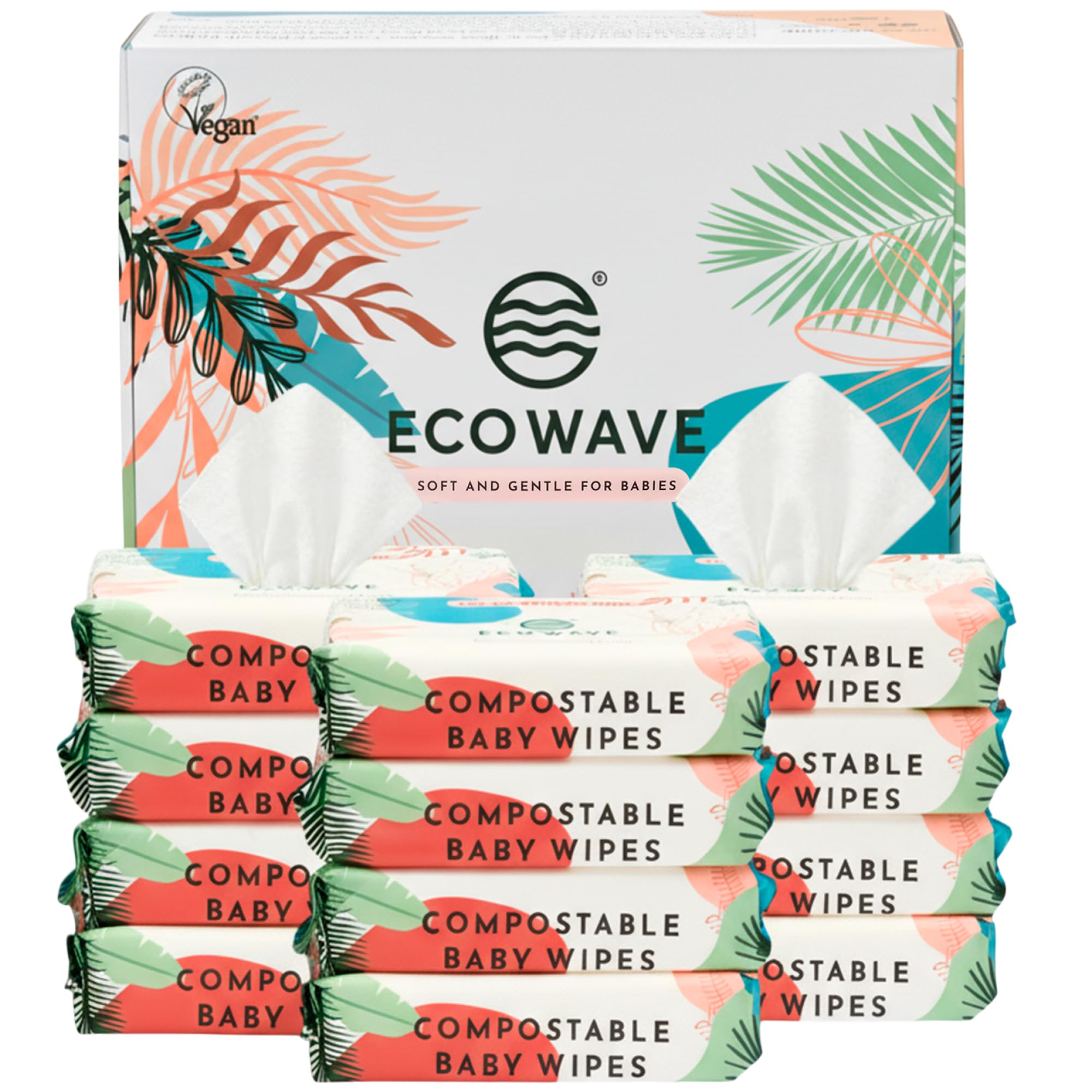Eco Wave Bamboo Baby Wipes, 100% Biodegradable & Compostable, Unscented, Hypoallergenic, Vegan, Alcohol-Free, 768 Wipes