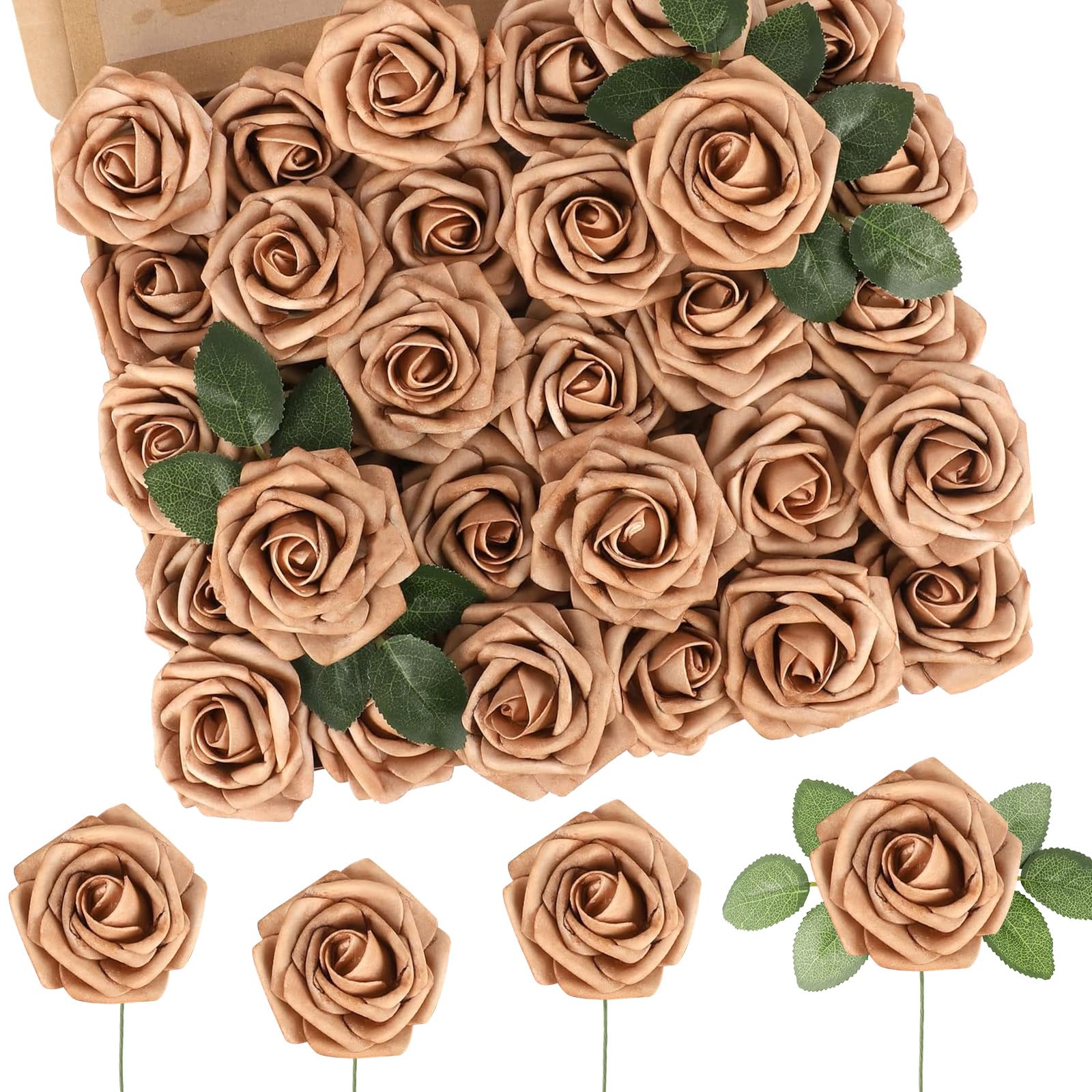 Photo 1 of MACTING 60PCS Artificial Flower Roses Real Touch Fake Flowers with Stem Foam Roses for DIY Wedding Bouquet Table Centerpieces Party Home Mothers Day Decorations(Light Brown)