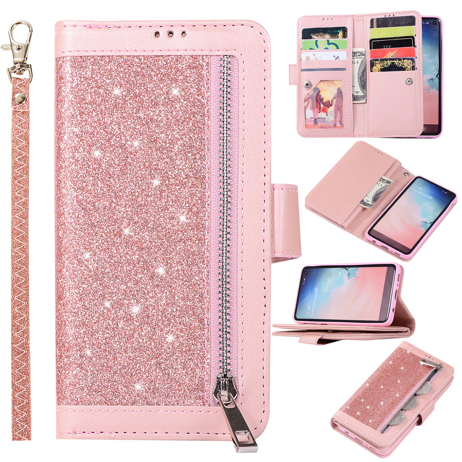 EYZUTAK Wallet Case for Samsung Galaxy S10,Magnetic Handbag Zipper Pocket PU Leather Flip with 9 Card Slots and Wrist Strap Folio TPU Inner Stand Case for Samsung Galaxy S10 - Rose Gold