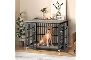 Rovibek Dog Crates for Large Dogs, Medium Dogs, Dog Crate Furniture, High Anxiety Dog Kennel, 38.4", Heavy Duty Dog Crate, 2 Doors with Side Openings, 4 Wheels, Dog Kennel Indoor, Grey