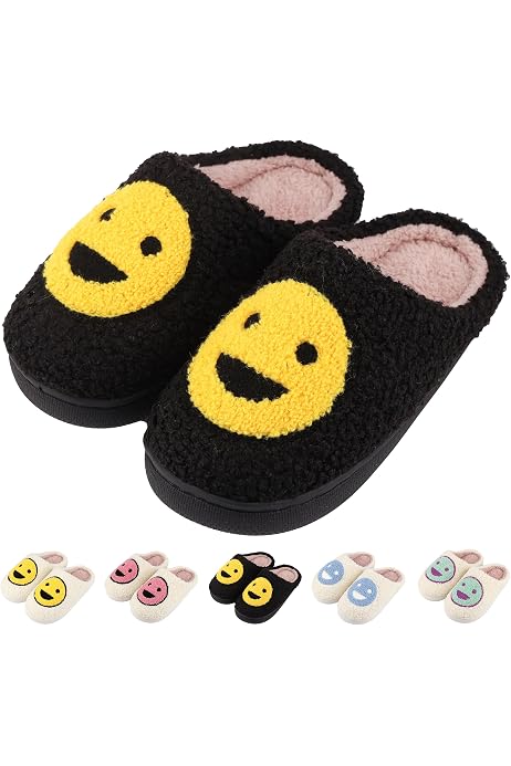 Smile Face Slippers For Kids Women And Men, Super Soft Plush Lining Slippers, Memory Foam Comfort Cotton Slip On Warm Slipper Anti-Slip Soft Sole