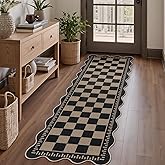 LORWER Checkered Easy Jute Runner, 2x6 Kitchen Runner Rug Non Slip Washable Rug for Entryway Indoor, Checkerboard Indoor Outdoor Scalloped Carpet for Hallway Laundry Balcony