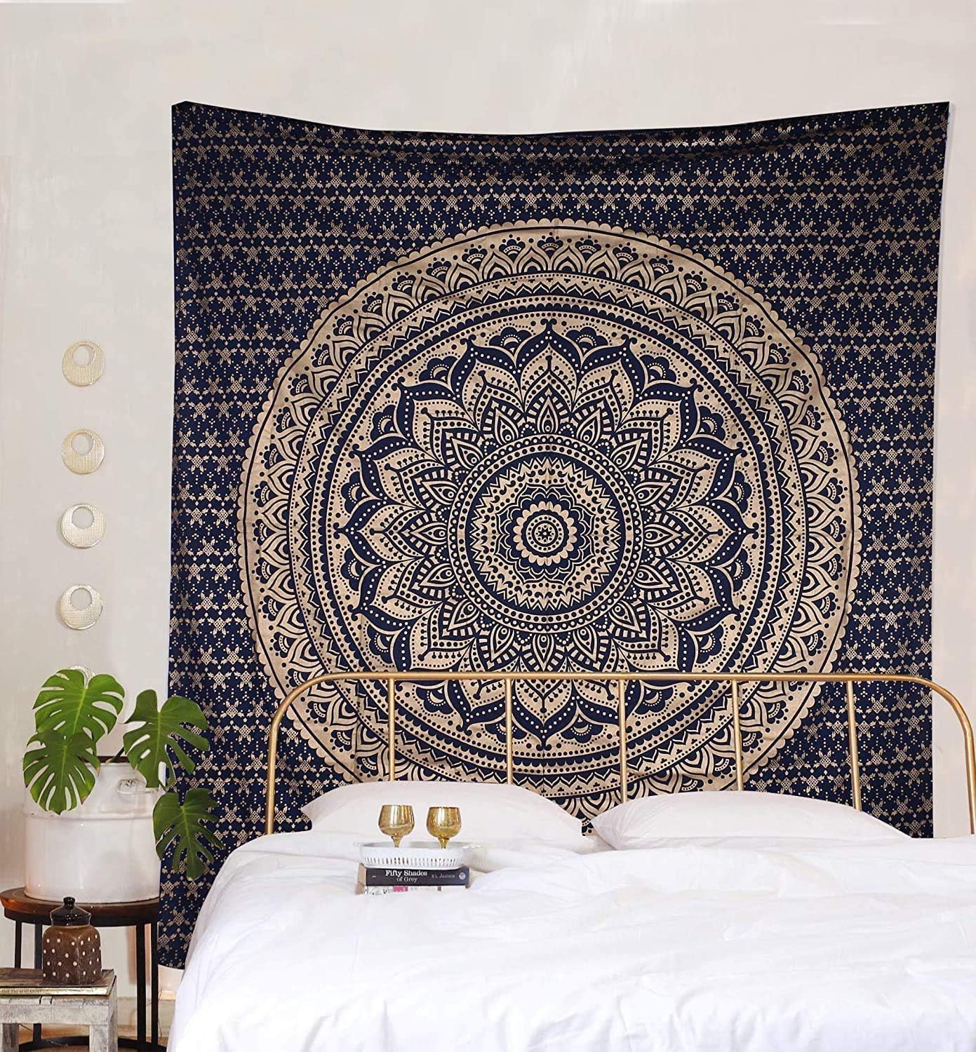 Tapestries - Popular Handicrafts Tapestry Wall Hanging Hippie Mandala Bohemian Hippy Intricate Indian Tapestries Bedspread 54 x 60 Inches (140cm x 150cm) Blue & Gold