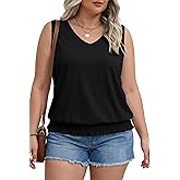 Eytino Plus Size Tops for Women Summer Sleeveless Casual Loose V Neck Smocked Bottom Shirts 2026 Fashion Tank (1X-5X)