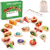 WRYBV Wooden Greedy Caterpillar Lacing Toy, Fine Motor Game, Ages 2-5 | 18 fruit and vegetable beads, 8 pattern cards, storage bag and box for lacing, sorting, matching, and travel play
