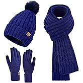 Uerymit Womens Winter Warm Beanie Hat Long Scarf Touchscreen Gloves Set with Fleece Lined Skull Pom Caps 3 in 1 Set for Gift