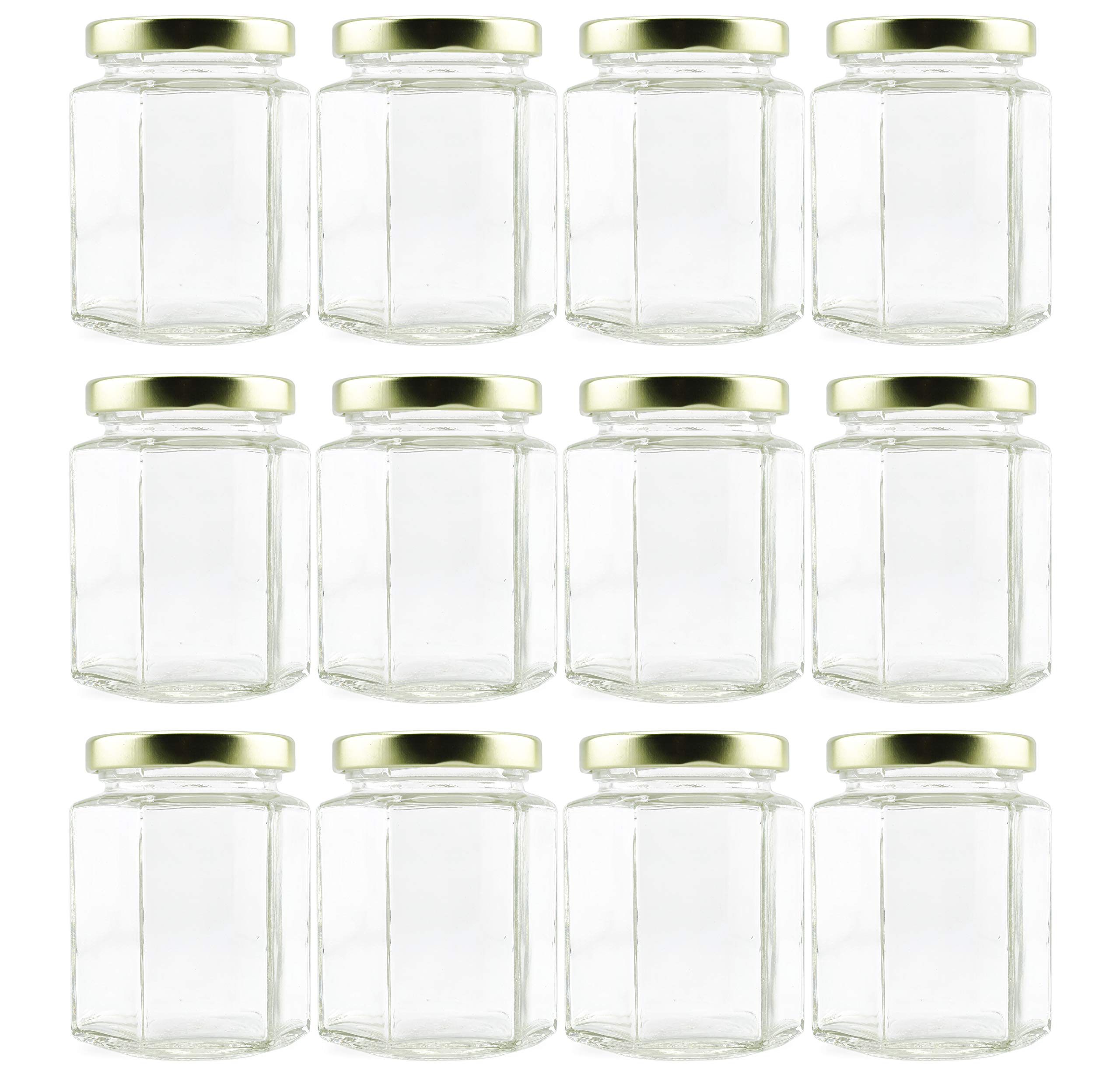6Ounce Hexagon Glass Jars (12Pack); Empty Hex Jars w/Gold Lids for