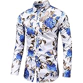 LEFTGU Men's Slim fit Floral Printed Beach Hawaiian Button-Down Dress Shirt