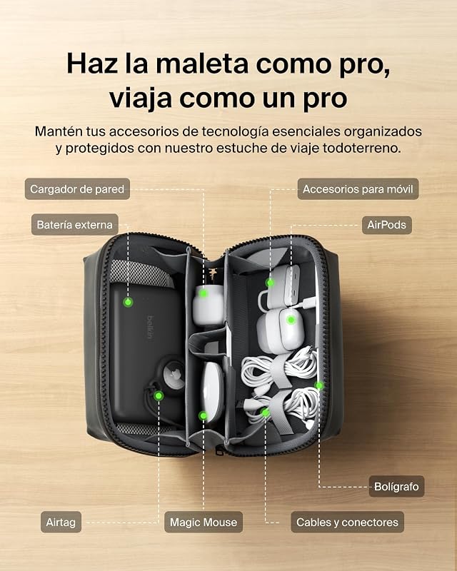 Estuche Organizador de Accesorios de Tecnología para Viajar, Bolsa de Transporte para batería Externa, Cargador, y Apple Pencil, Correa para AirTag, Tela Suave y Duradera
