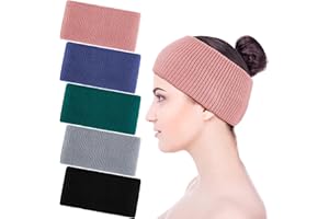 SATINIOR 5 Pcs winter headbands for women Warm Soft Knit Elastic Head Wraps Ear Warmer for Women Wash Face Daily Wear(Black, Royal Blue, Pink, Peacock Blue, Gray)