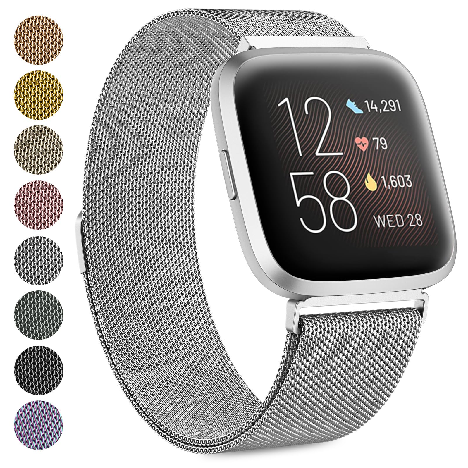 Compatible With Fitbit Versa/Versa 2 for Women Men, Breathable Stainless Steel Mesh Loop Adjustable Wristband Replacement Metal Strap (Silver, Small) — image 1