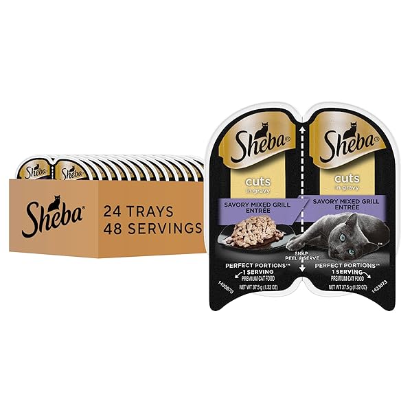 SHEBA PERFECT PORTIONS WET CAT FOOD CUTS IN GRAY SAVORY MIXED GRILL ENTREE, 2.6 OZ. TWIN-PACK TRAYS (24 COUNT, 48 SERVINGS)