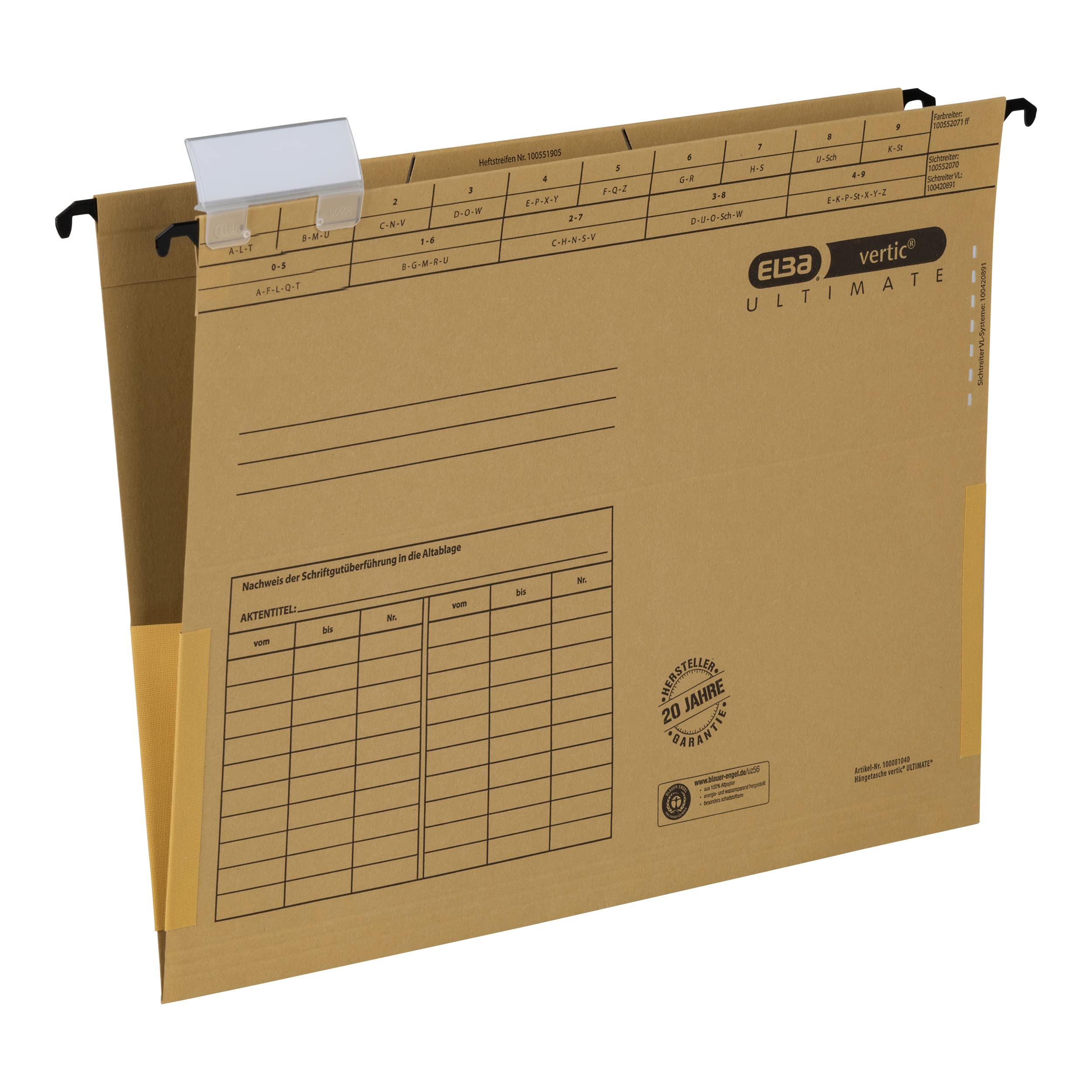 ELBA Vertic Ultimate 100560133 Suspension File Recycled Cardboard for DIN A4 Closed Sides Brown Blue Angel Ideal for Loose Leaf Filing in the Office and the Authority Pack of 10