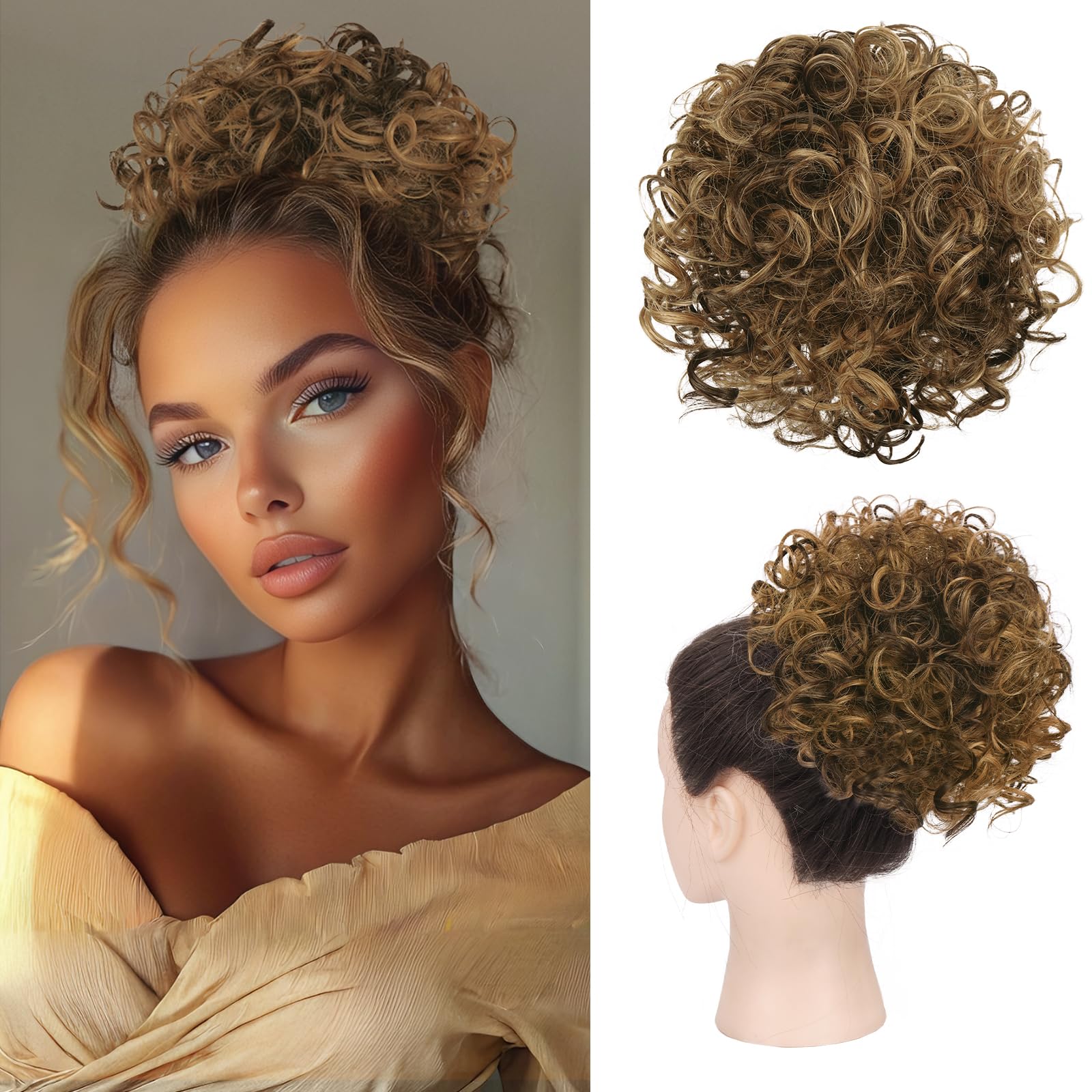 RUWISS Messy Bun Short Curly Drawstring Ponytail Extension Loose Hair Bun Hair Pieces for Women High Temperature Synthetic Hair Bun Extension 85g Brown Mixed Dark Blonde