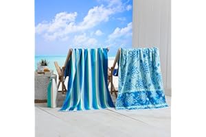 Great Bay Home 100% Cotton Beach Towels | 2 Pack of 30 x 60" Blue Pool Towels for Adults and Kids | Absorbent & Quick Dry Towels (Royal Blue/Teal Turtle & Stripe)