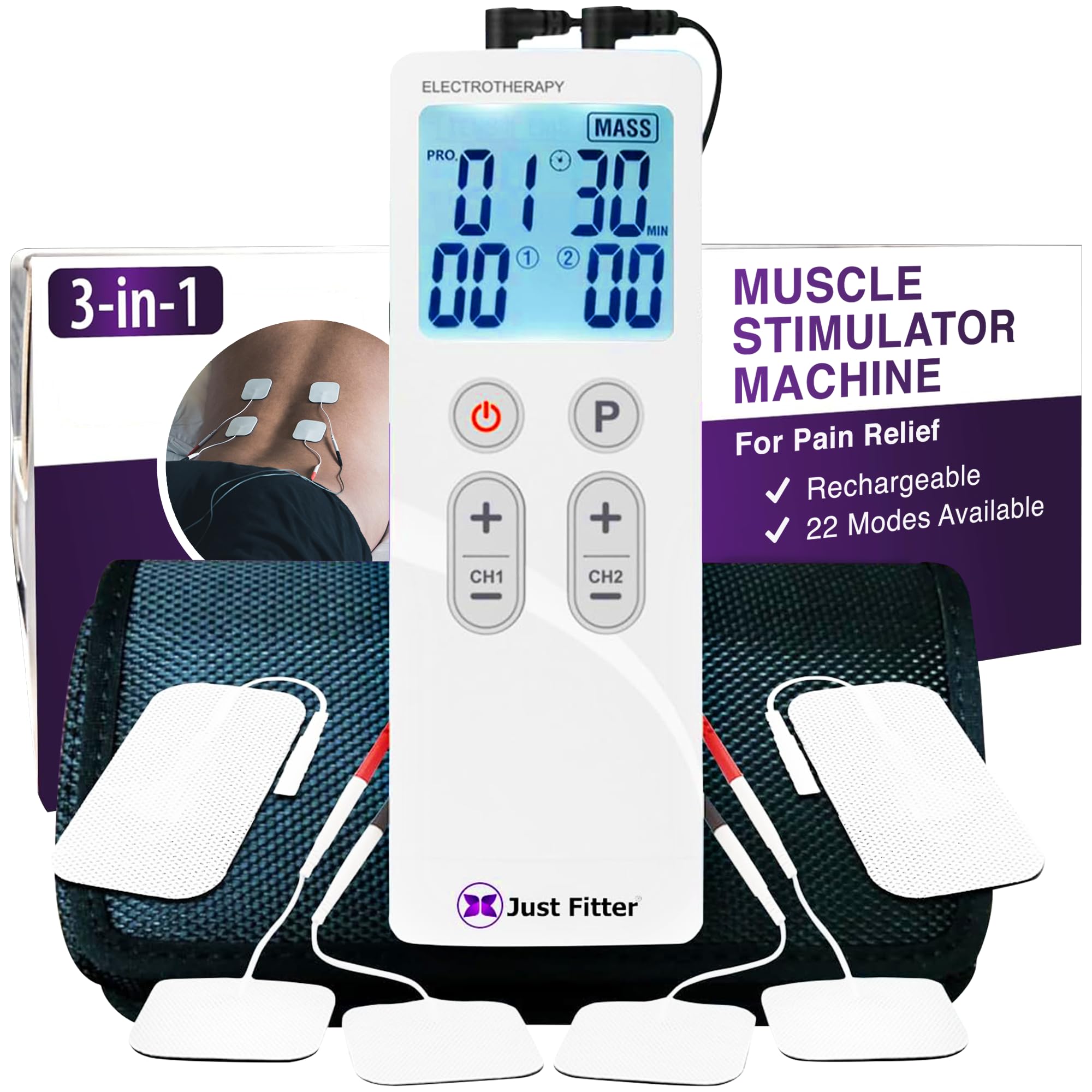 Tens Unit Muscle Stimulator Machine for Pain Relief & Therapy Management. Rechargeable Electrotherapy Device. Dual Electrode Channel Pulse Electronic Massager.