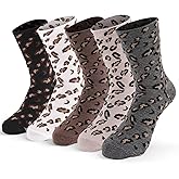 YOZHAKOU Leopard Print Mid-Calf Socks 5-Pairs Pack, Neutral Colors Ankle Socks for Women, Soft Breathable Cotton Blend