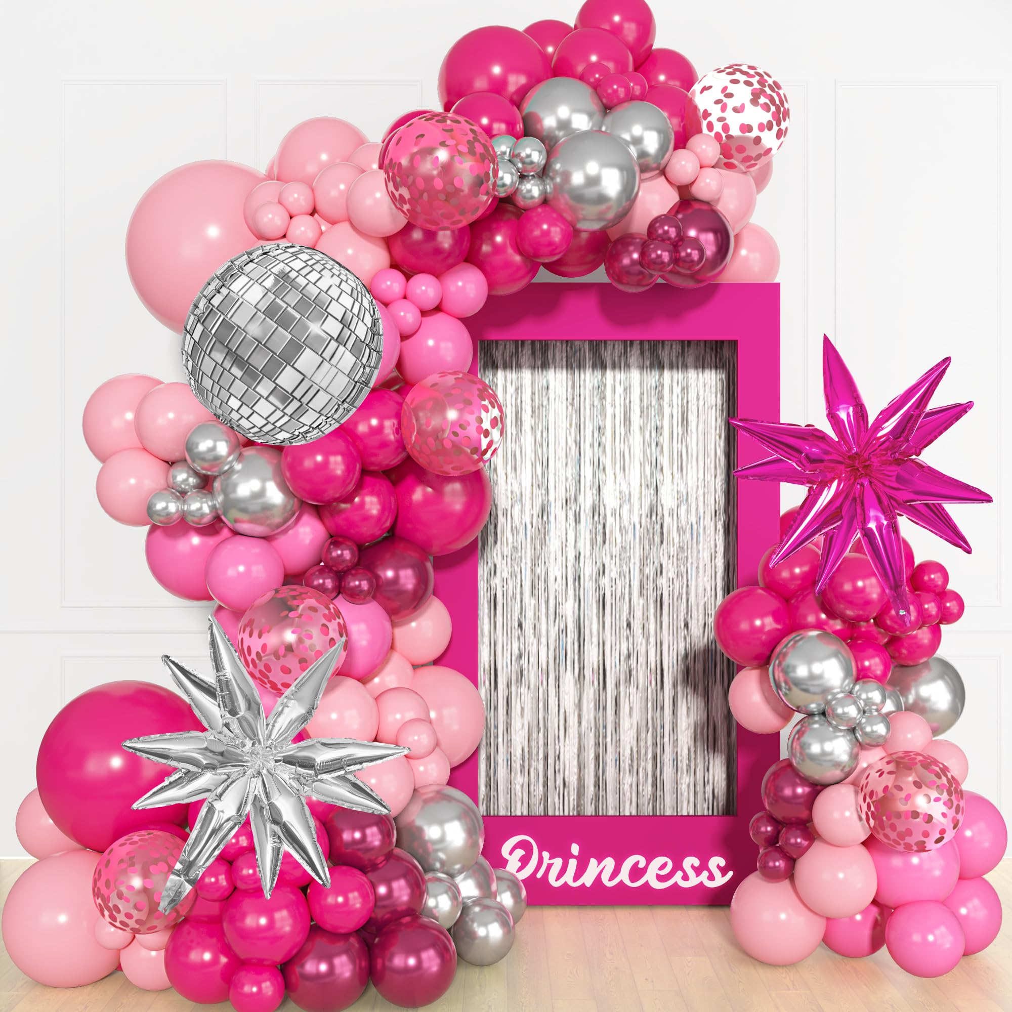 Photo 1 of 145Pcs Princess Pink and Silver Balloon Garland Arch Kit, Hot Pink Confetti 4D Star Disco Ball Crown Balloons for Girls Women Bridal Baby Shower Makeup Bachelorette Birthday Party Decors