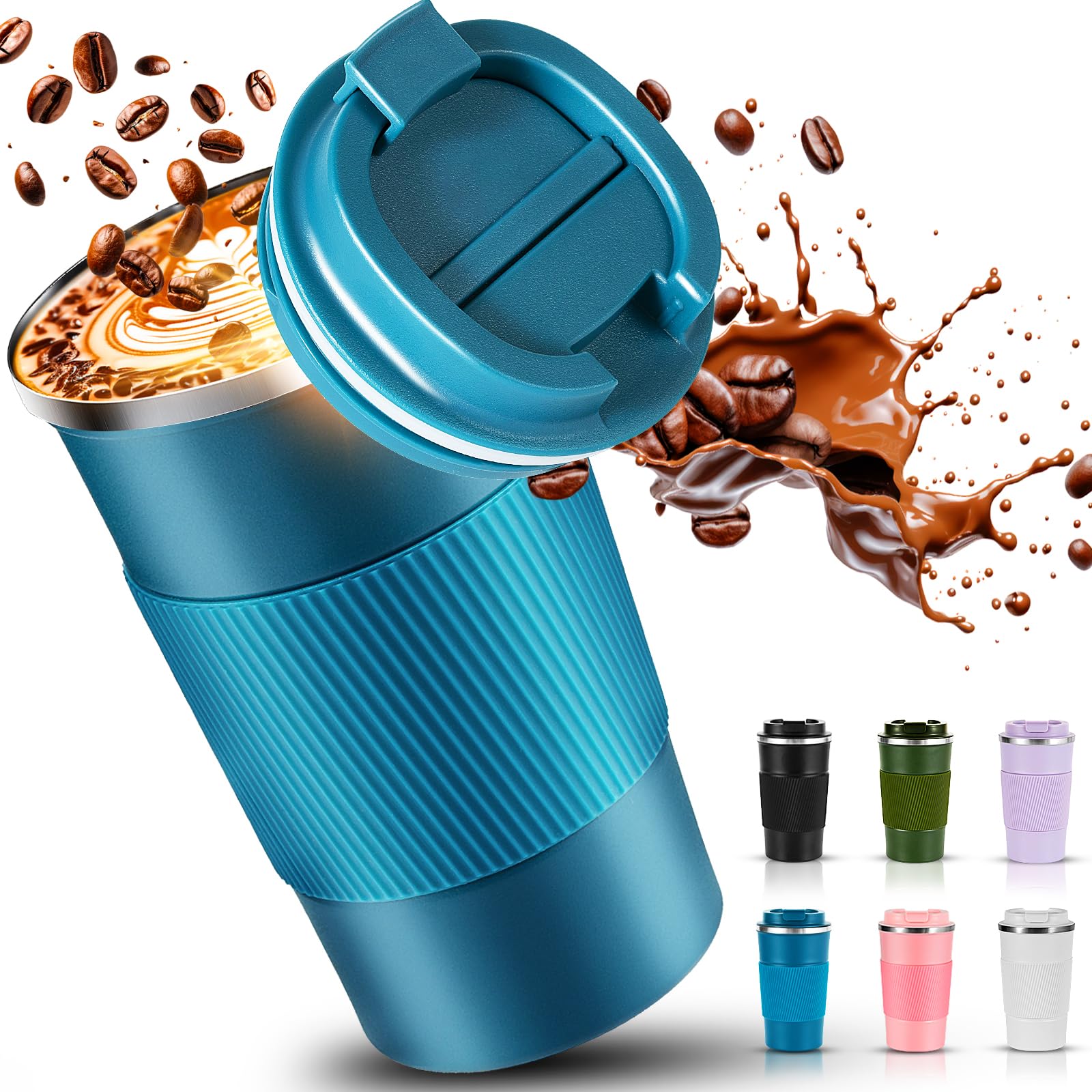 SENBSLAN Travel Mug,510ml Insulated Coffee Cup with Leakproof Lid,Non-Slip Coffee Travel Mugs for Hot Drinks,Double Walled Stainless Steel Thermal Cups for Hot Cold Drinks (Blue)