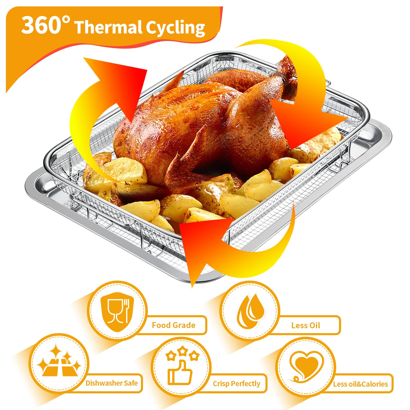 N.Gracia Air Fryer Basket for Oven, 15.5“ x 11.6“ large Stainless Steel Crisper Tray and Pan with 50 PCS Parchment Paper, Stainless Steel Air Fryer Basket for Baking Grilling