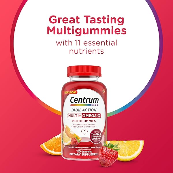 CENTRUM MULTIGUMMIES MULTI+ OMEGA 3 DUAL ACTION, ADULT MULTIVITAMIN, MULTIVITAMIN/MULTIMINERAL/OMEGA 3 SUPPLEMENT, STRAWBERRY/LEMON/ORANGE FLAVORS – 110 COUNT