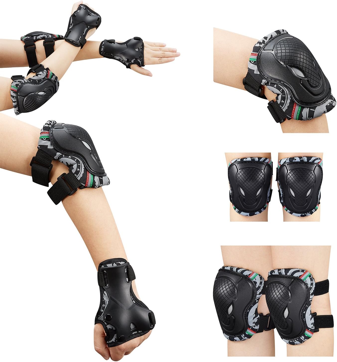 SPFASZEIV Protection Genoux Enfants&Adulte,Sets de Protection Rollers 6 Pcs Genouillères de