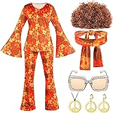 Shihanee 7 Pcs Women 70s Hippie Costume Disco Outfits Accessories Earring Necklace Headband Wig Glasses