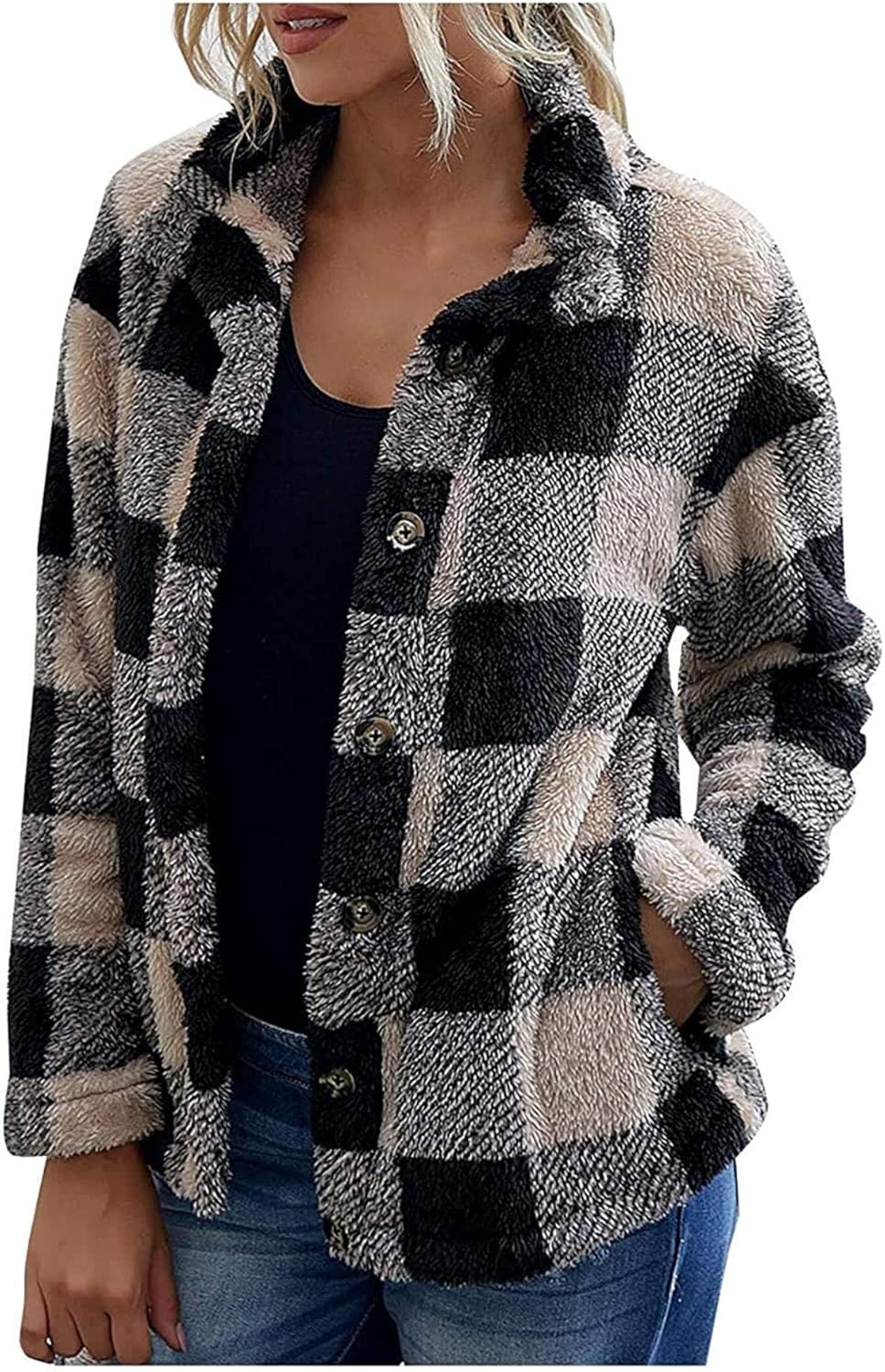 Jacket for Women Oversized Bottons Down Fluffy Fleece Plaid Overcoat