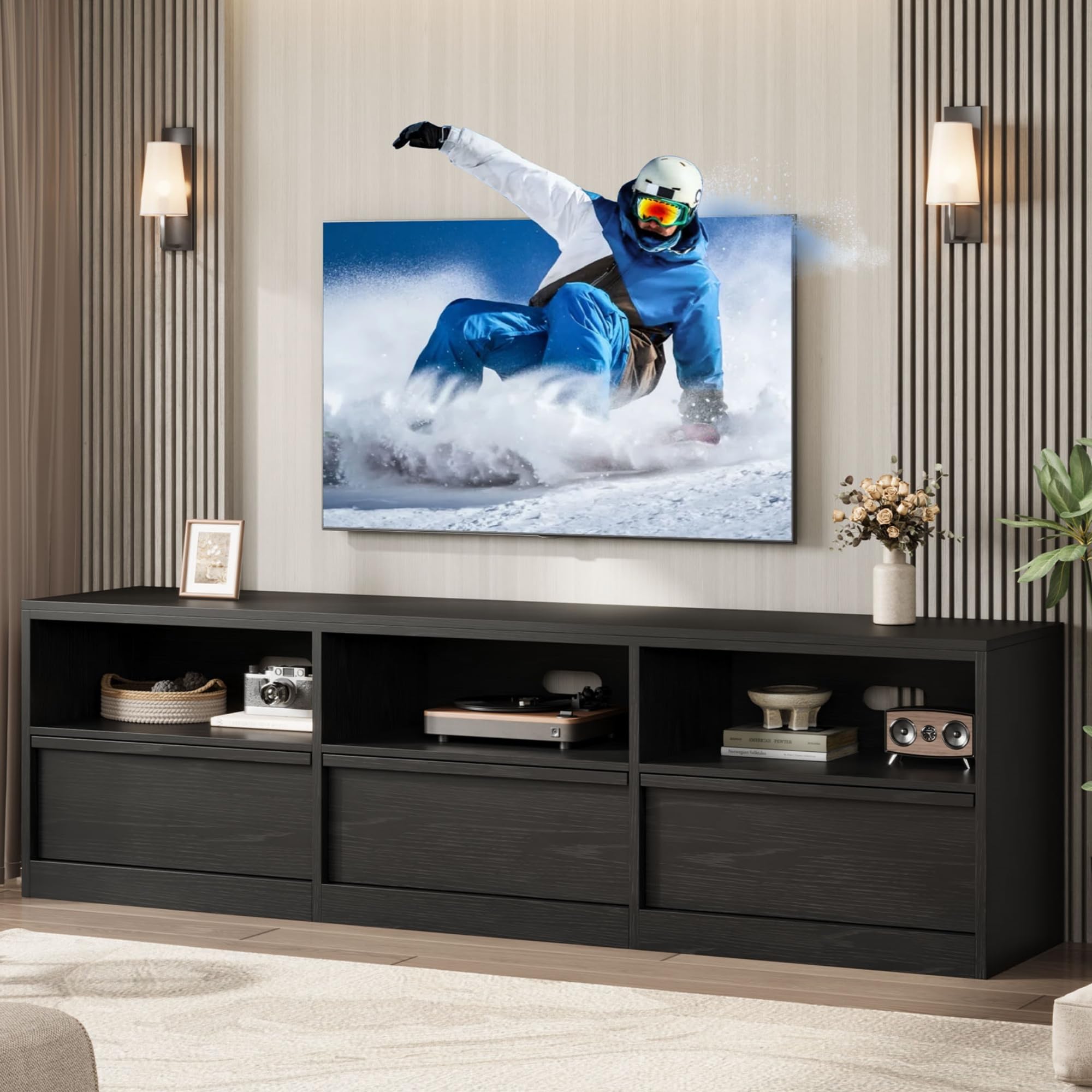 Photo 1 of ***MAJOR DAMAGE, TOP HAS MULTIPLE CRACKS*** IDEALHOUSE 70 inch TV Stand for 80" TVs, Mid Century Modern Entertainment Center with Storage Drawer & Open Shelves, Wood Media Console Cabinet for Living Room/Bedroom, Black