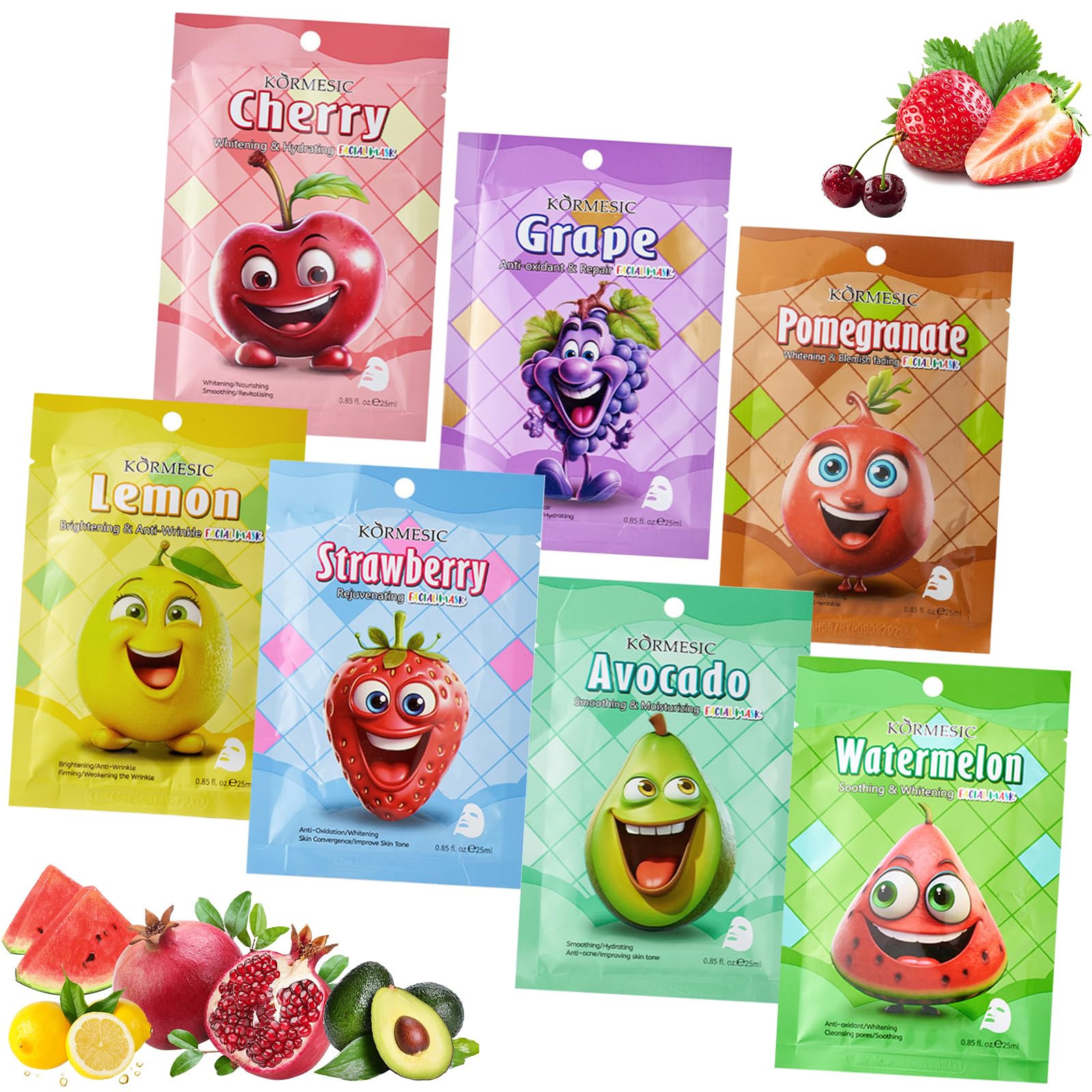 Neyared 7PCS Fruit Kids Face Masks for Girls, Hydrating Moisturizing Face Mask Set