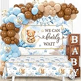 Teddy Bear Baby Shower Decorations - Baby Boxes with Letters,Blue Brown Balloons,We Can Bearly Wait Backdrop,Tablecloth for B