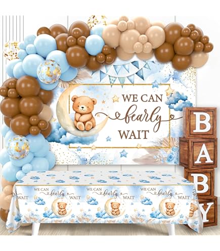 DataMoon Teddy Bear Baby Shower Party Decorations - Wood Grain Boxes with Baby Letters, 90PCS Nude and Brown Balloons, Boho Backdrop We Can Bearly Wait for BabyShower, Gender Reveal,Birthday Party
