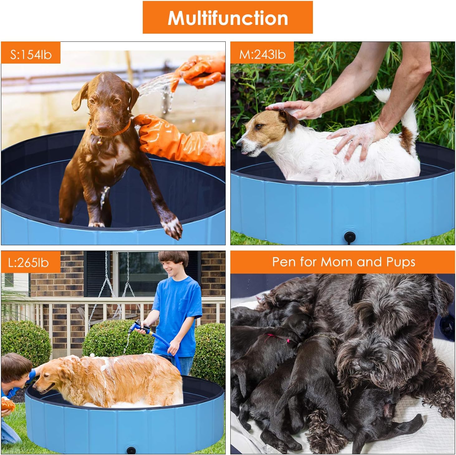 POTBY Foldable Pet Swimming Pool, Portable Collapsible Dog Bathing Tub, Round PVC Leakproof Water Pool with Brush, Indoor Outdoor Playing Wash Pond for Puppy, Dogs, Cats