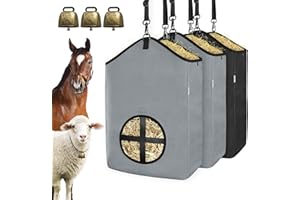 HAYSRMAN 3 PCS Goat Hay Feeder,Hay Bags for Horses,Goats,Donkeys with Reinforced Oxford Fabric and High Strength Metal Clasp,Horse Feeding Supplies with Adjustable Strap for Easy Hanging (2Grey+1Black)