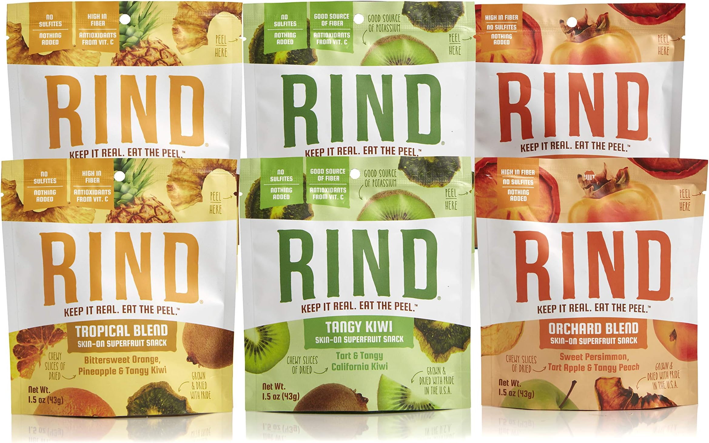 RIND Snacks Sun-Dried Skin-On Superfruit Snack Variety Pack, Tropical Blend, Orchard Blend, and Tangy Kiwi, High Fiber, No Sulfites, Antioxidants, Non-GMO, Gluten-Free, 1.5oz Single Serve, Pack of 6