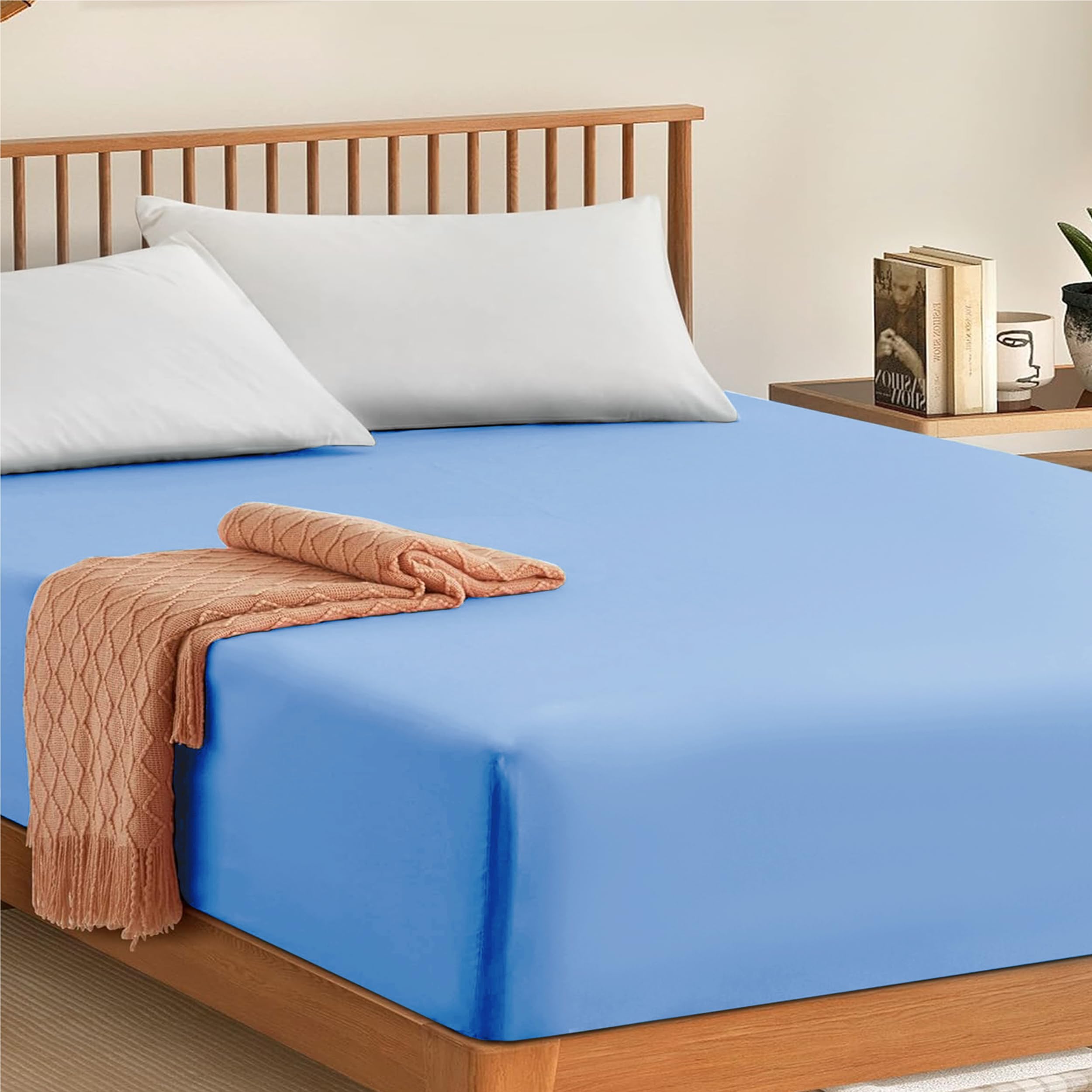 My home store Fitted Sheet 100% Egyptian Cotton 300TC Hotel Quantity 30 cm Fitted Bedsheets (Light Blue, Double)