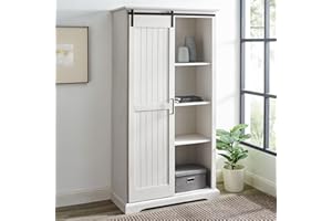 Walker Edison Kinney Modern Farmhouse Sliding Grooved Door Tall Storage Cabinet, 68 Inch, Brushed White