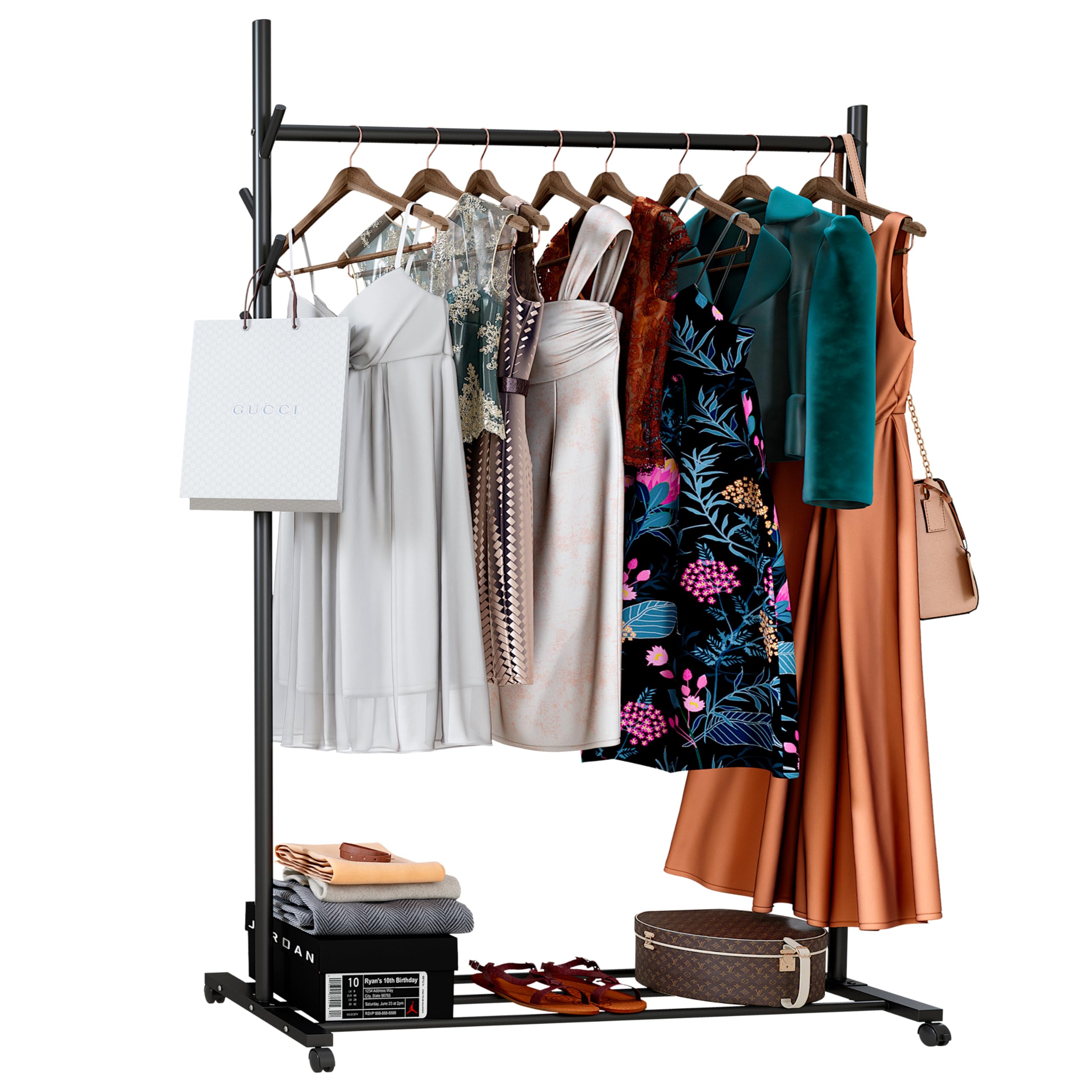 Klass Home Collection Portable Heavy Duty Clothes Rail For Bedroom, Home & Shops, 50KG Load Clothes Rack With Storage Shelf, Metal Clothing Rail For Hanging Garments, Coats (Black With Wheels)