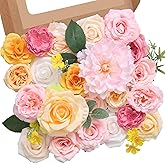 Serwalin Artificial Pink Yellow Flowers, Silk Fake Flowers for DIY Wedding Bridal Bouquets, Wedding Cake Flowers for Table Centerpieces Baby Shower Birthday Party Home Decorations