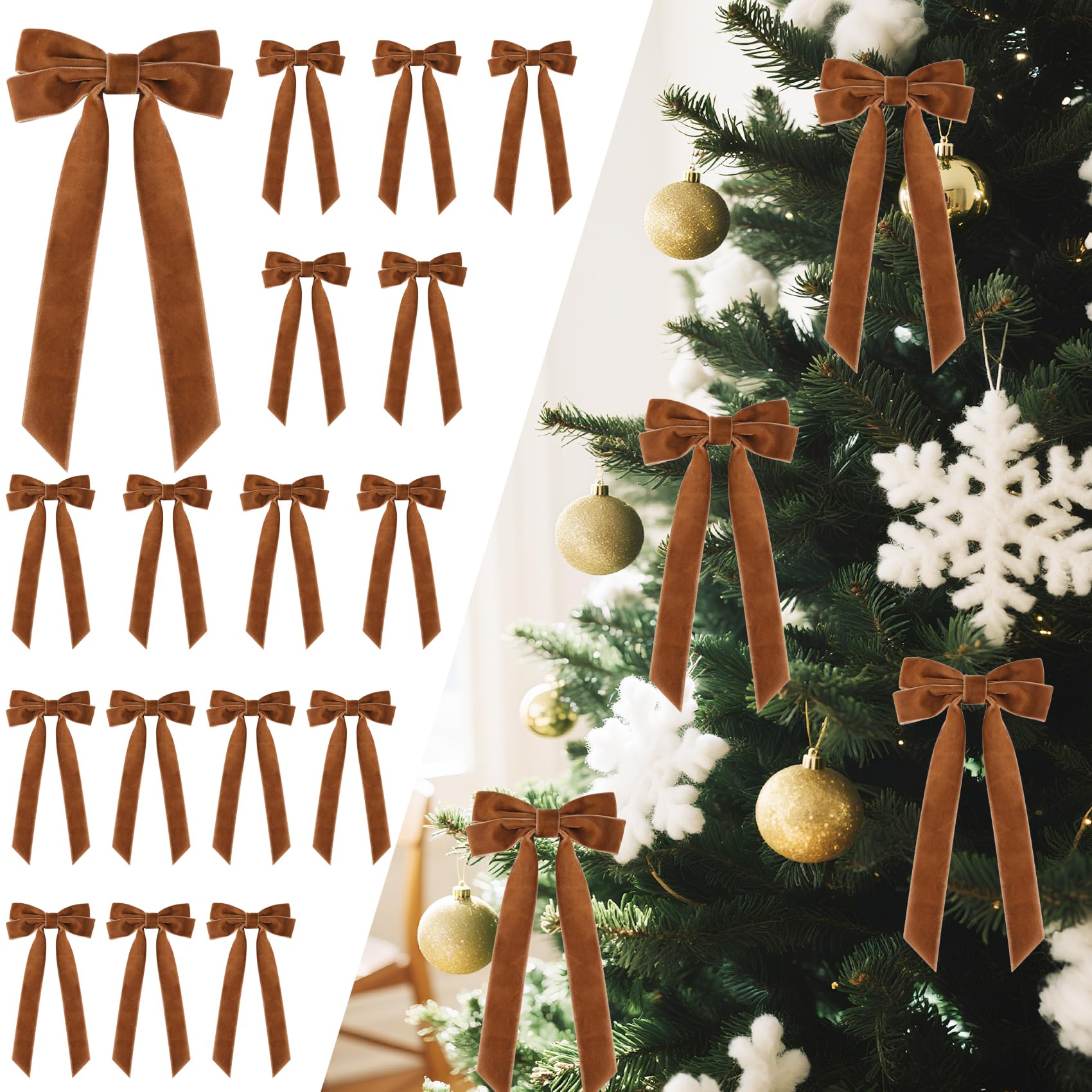 Photo 1 of 16Pcs Velvet Ribbon Bows for Christmas Tree, Vintage Rustic Small Craft Bows Ornaments for Garland Wreath Gift Wrapping Candy Bags Party DIY Decorations (Light Brown, 5" x 10", Width of 1")