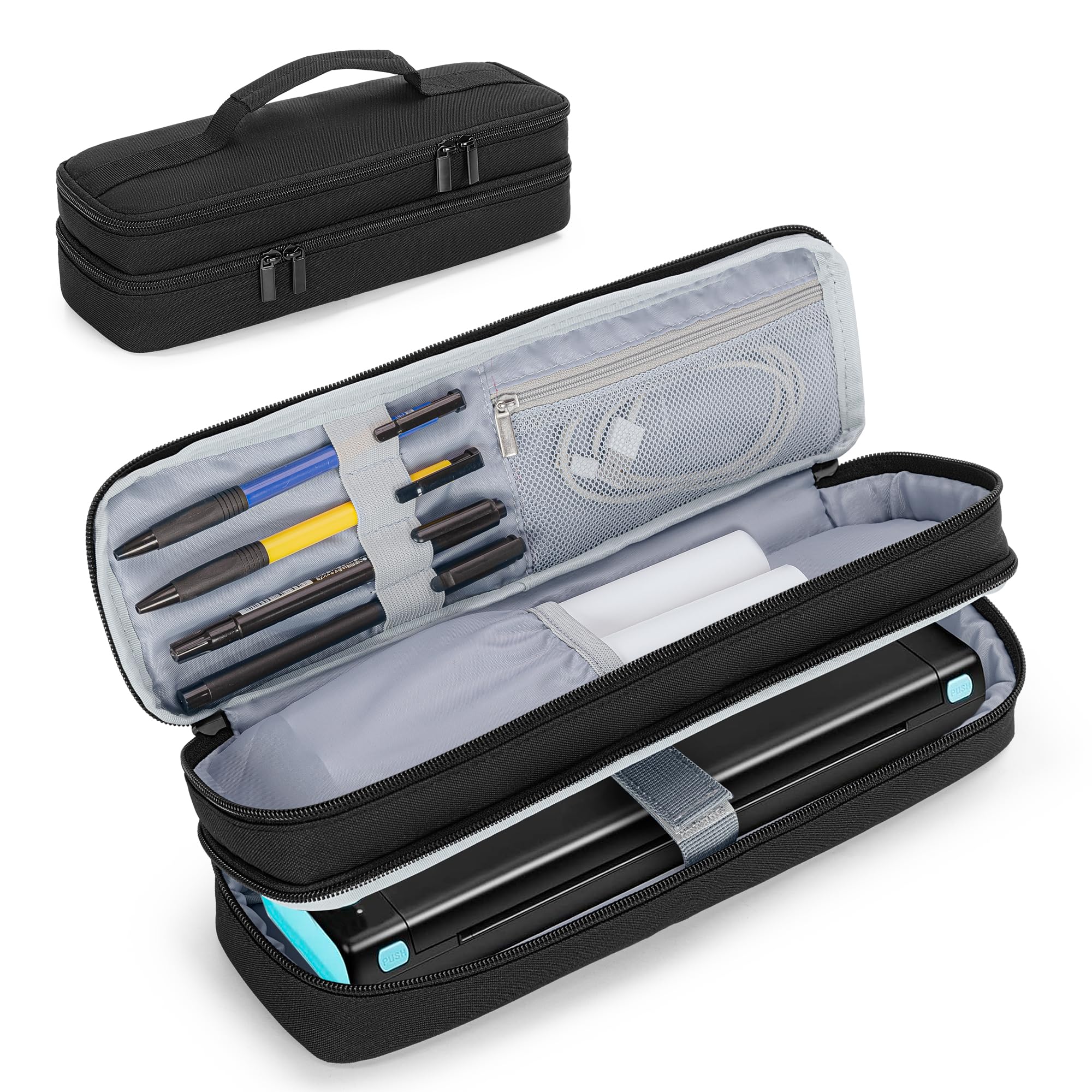 Yarwo Double Layers Portable Printer Case Compatible with JADENS, Aixiqee, MUNBYN, Phomemo M08F, Itari M832 and Most Wireless Thermal Printer, Mobile Printer Storage Bag for Papers & USB Cable, Black