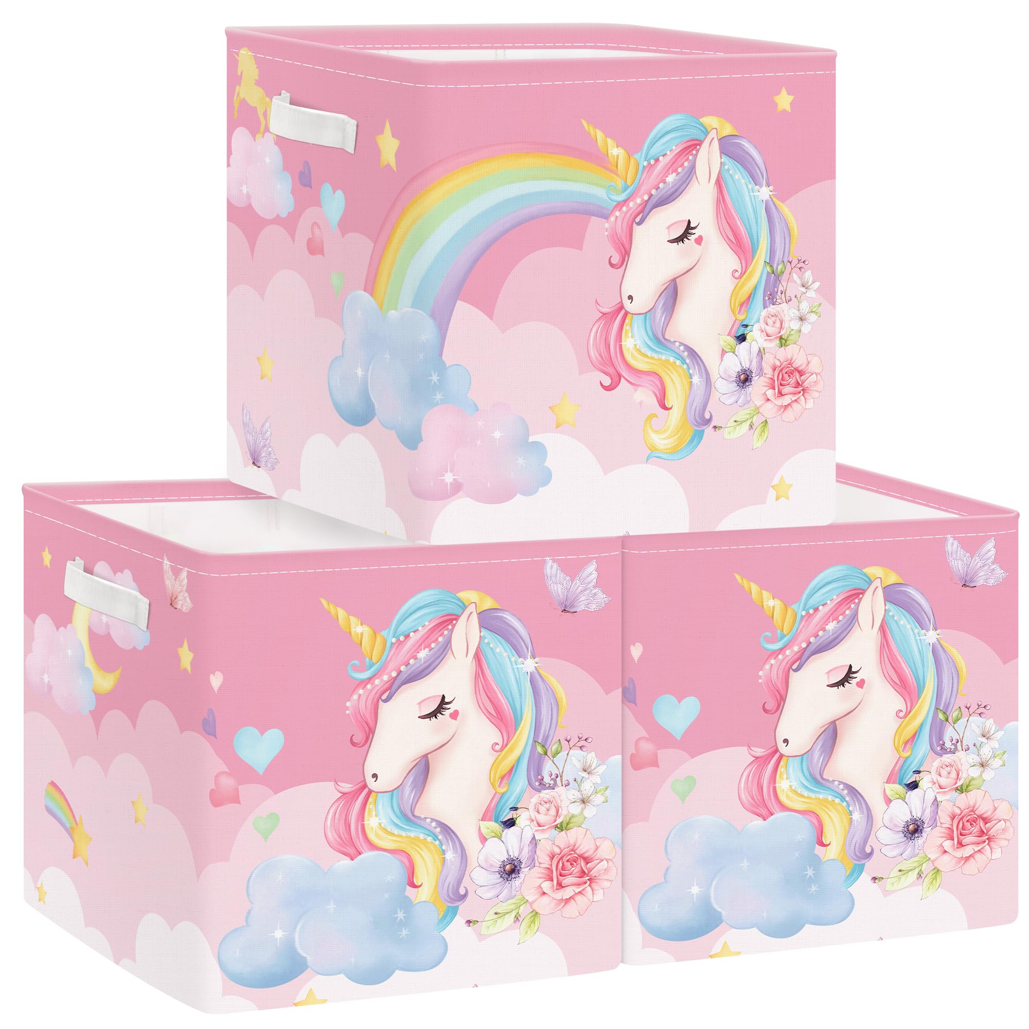Clastyle 3 pcs Unicorn Cube Storage Unit Boxes Rainbow Kallax Box for Shelves Parents Storage Baskets for Book Clothes Toy Organizer, Cloud, 11.8x11.8x11.8 in