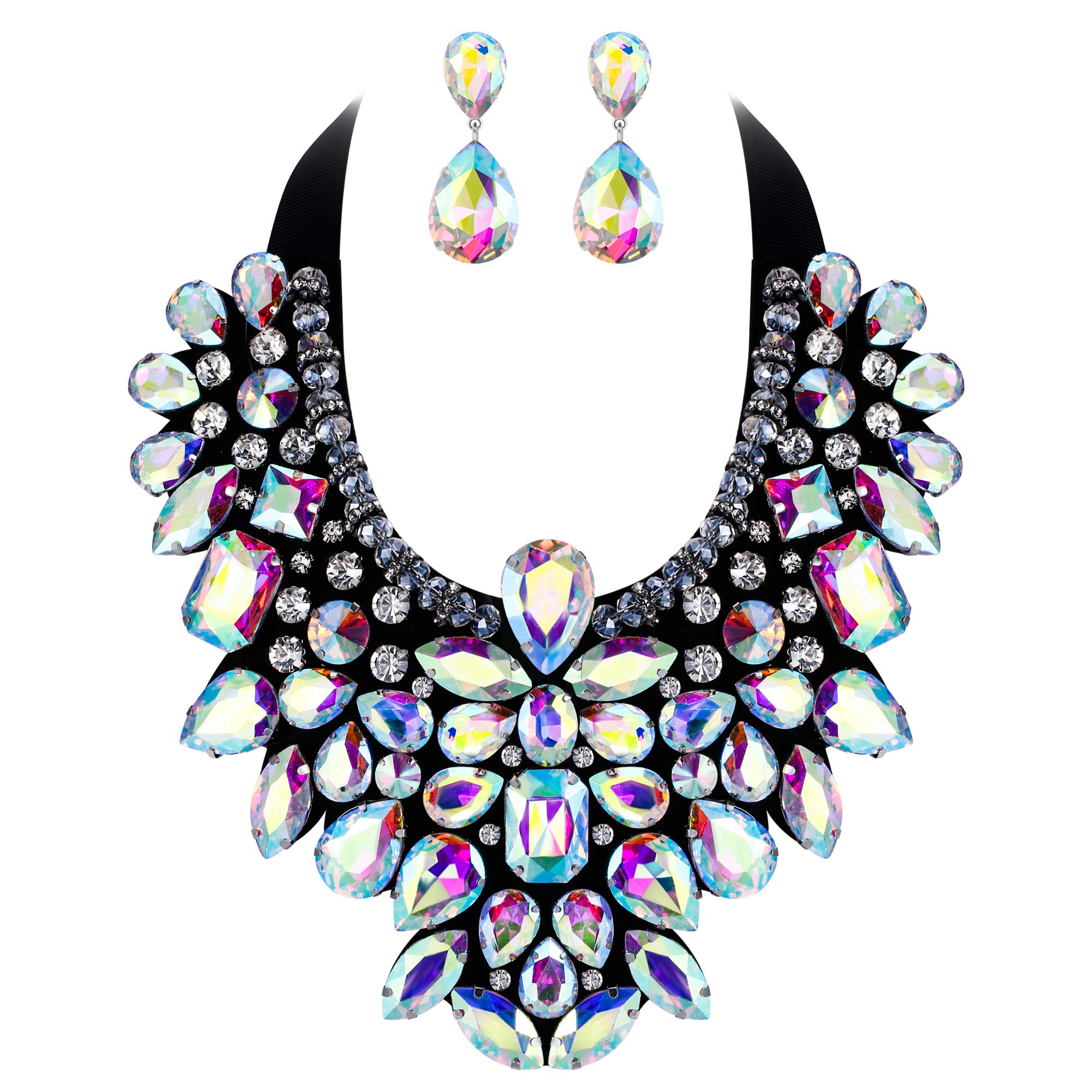 Ever Faith Costume Jewelry for Women, Iridescent Clear AB Rhinestone Crystal Chunky Collar Statement Necklace Earrings Set