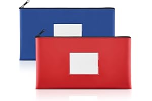 SMARTAKE 2-Pack Bank Deposit Money Bags with Zipper, PU Leather Bags Cash Wallet Pouches with Label, for Coins, Cosmetics, Invoice, Bills, Tools, 11.5 x 6.2 Inches, Navy Blue & Red