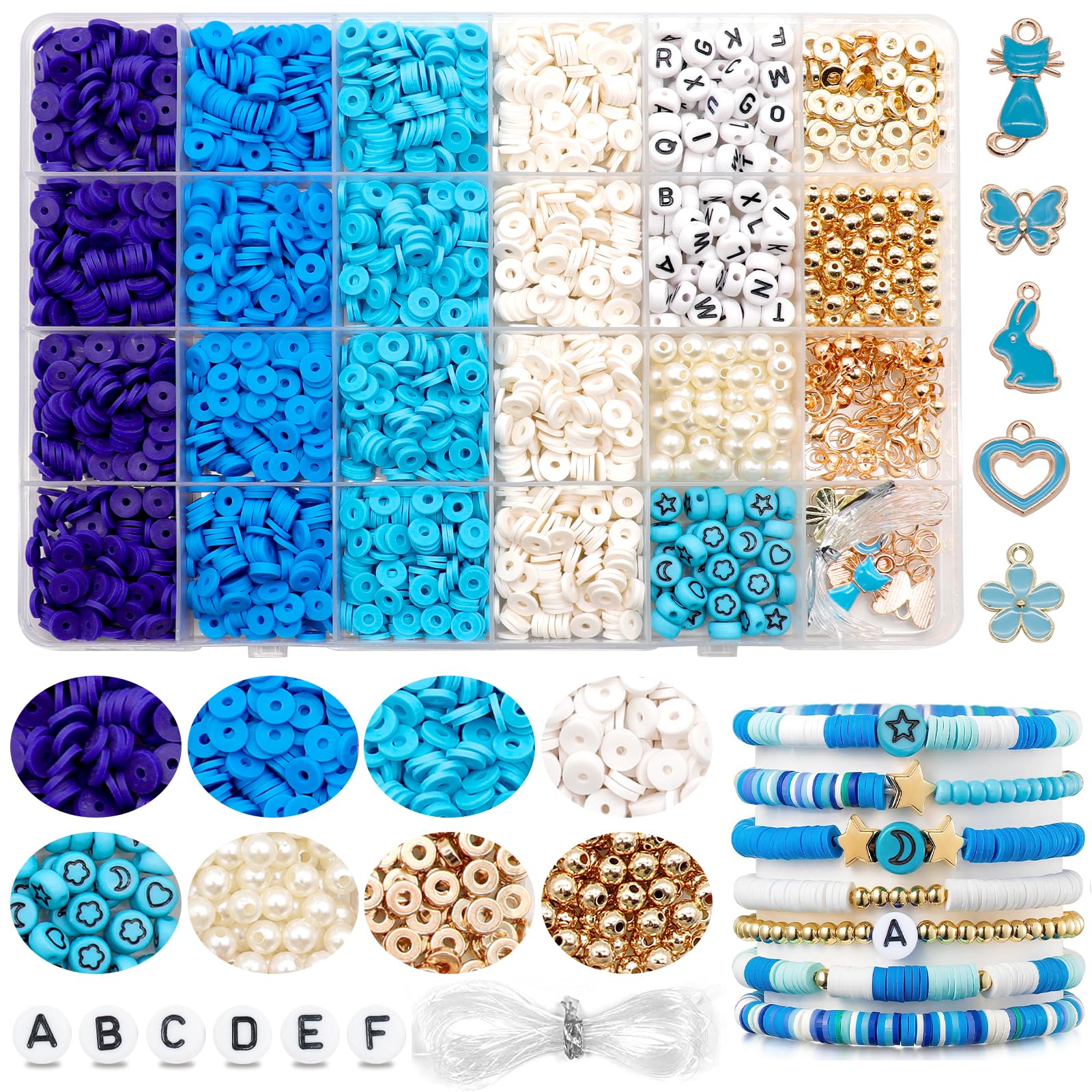 Dotilili Flat Round Clay Beads Blue White, 3164 Pcs Heishi Polymer Clay Beads with Letters Pearls Spacers Charms, Friendship Bracelet Making Kit for Necklaces Earrings Jewelry Making (6mm)