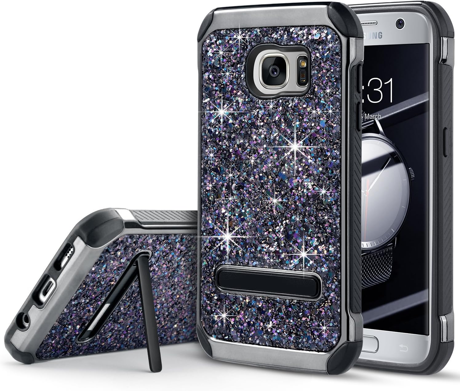 UARMOR Case for Samsung Galaxy S7, Glitter Bling Rugged Shockproof Dirtproof Hybrid Slim Fit Case Sparkle Shiny Faux Leather Chrome Hard Case Cover, Black